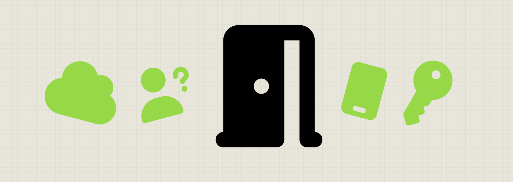 A door surrounded by a key, mobile phone, cloud and a person.