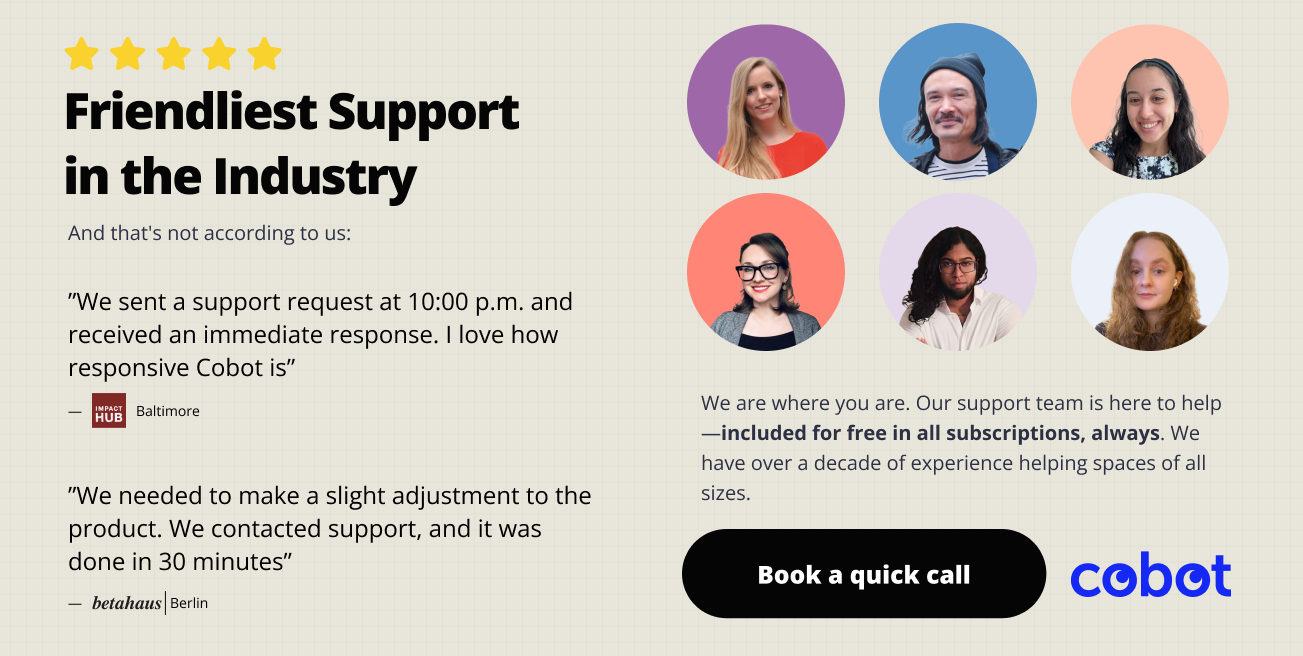 Cobot's support team with testimonials from impactHub Baltimore and betahaus Berlin and a button saying "Book a quick call".