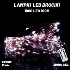 Lampki Choinkowe 1000 Led + Pilot 100m  Zimny Biały