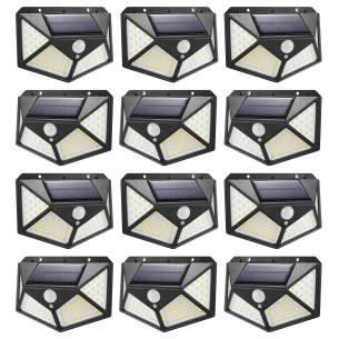 Lampa Solarna 100 LED Elewacyjna Zimna Biel 12 sztuk z Czujnikiem Ruchu