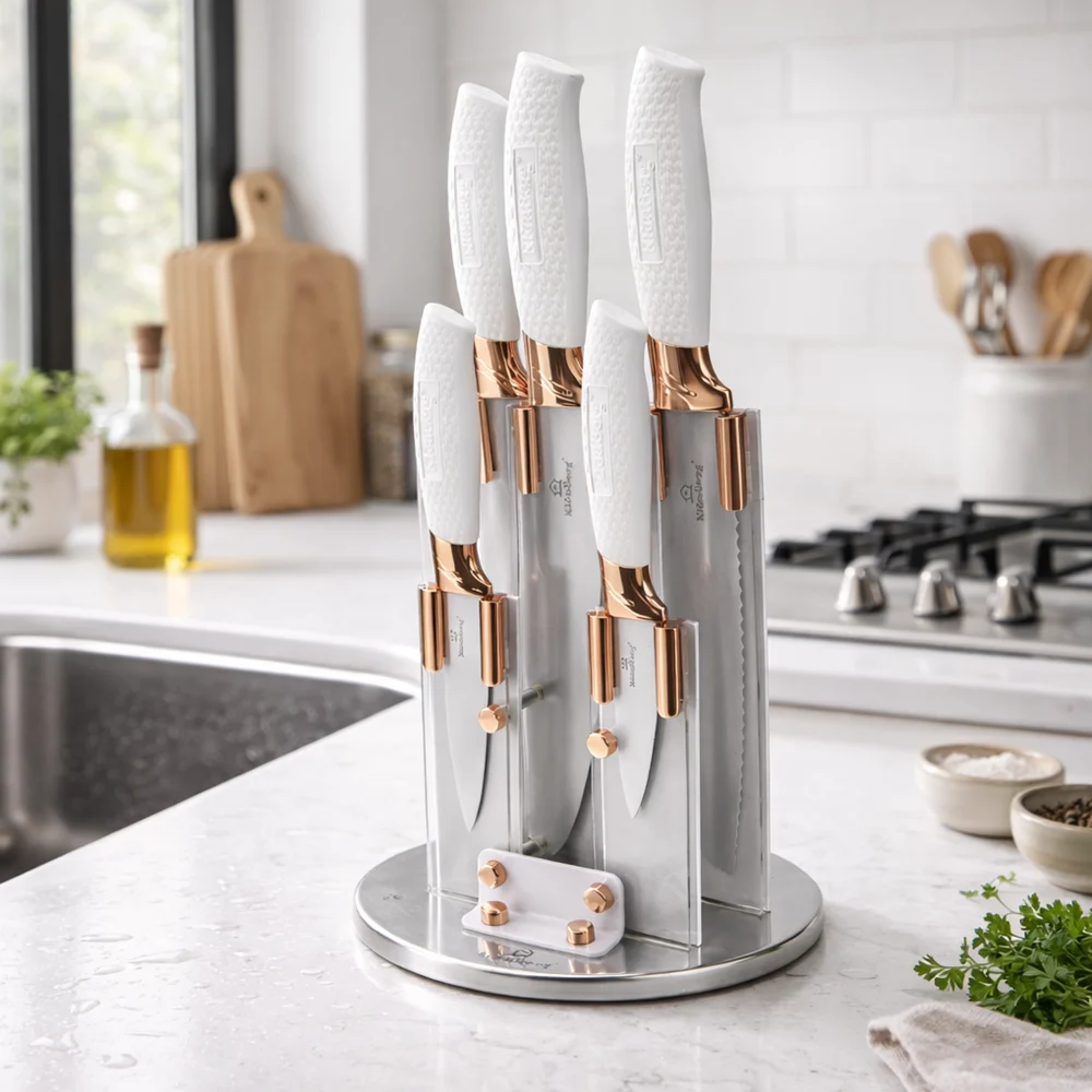 Stainless Steel Kitchen Knife Set 6-Piece White with Rotating Acrylic Stand KB-3205