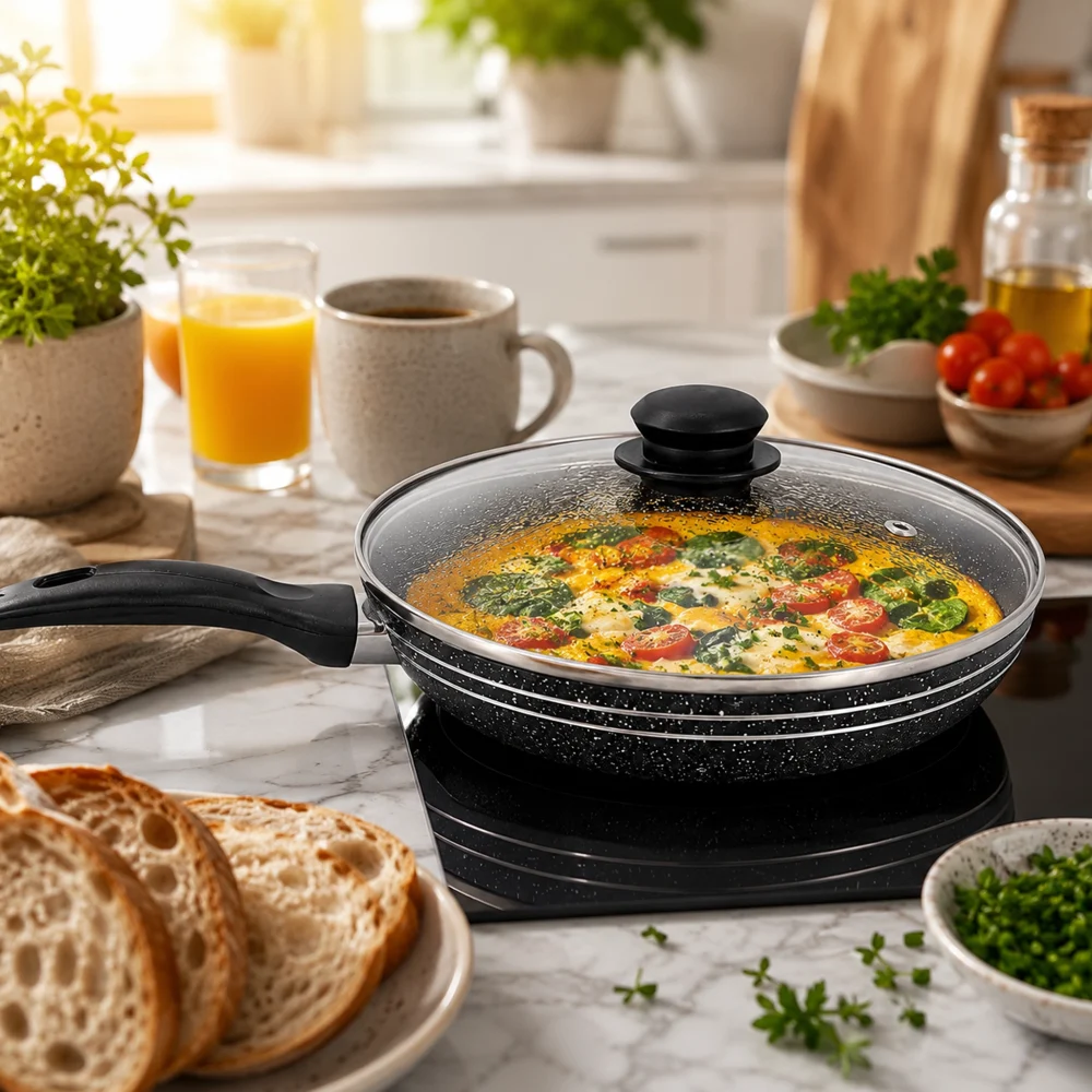 Fry Pan 28cm Marble Non-Stick with Glass Lid Granite Coating - KB-8813