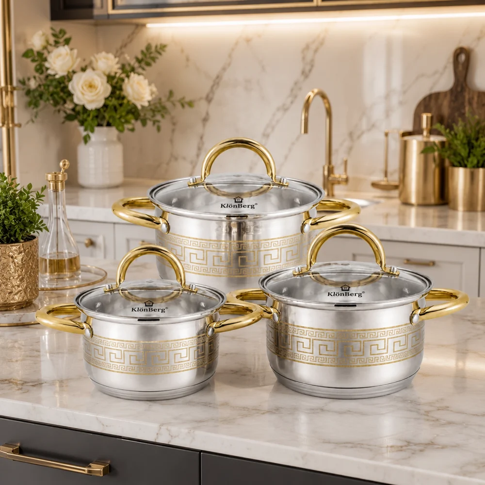 Stainless Steel Cookware Set 6-Piece with Lids and Gold Decorative Design KB-3040