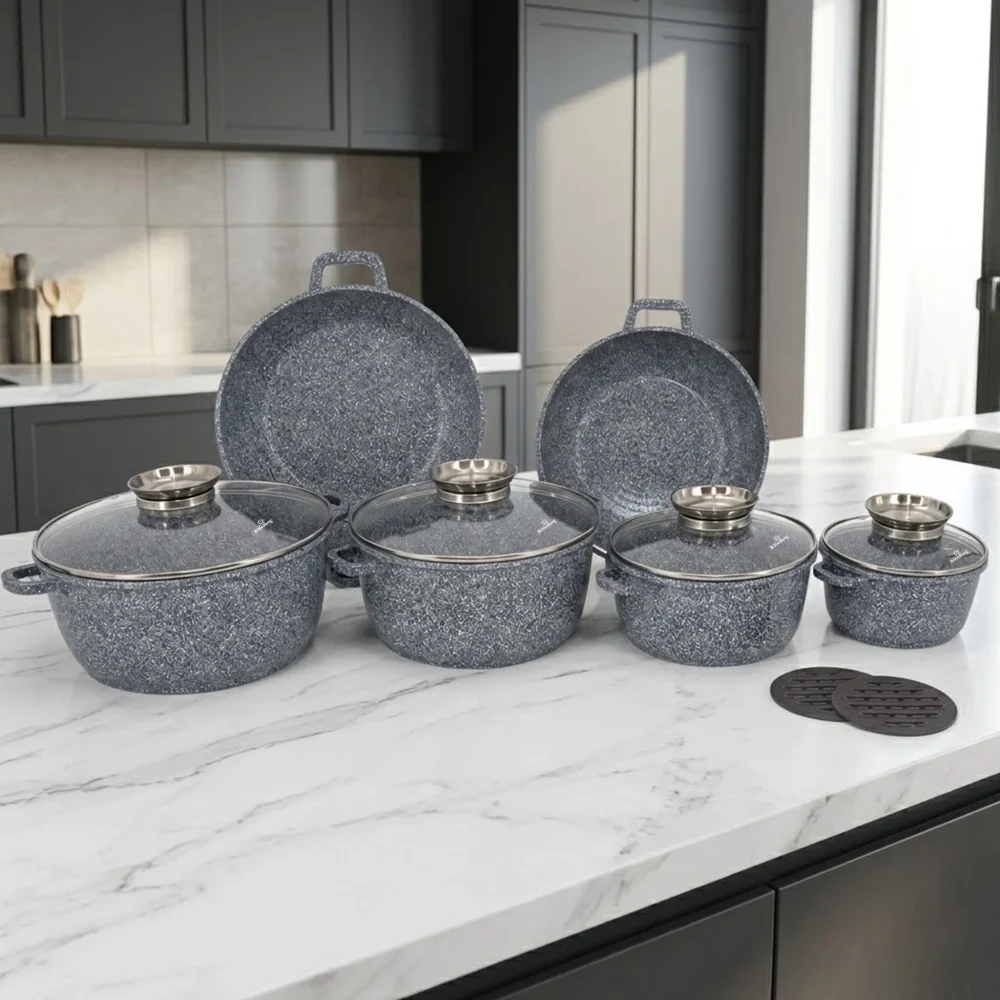 Cast Aluminum Nonstick Cookware Set 12PCS Ceramic Marble Grey with Glass Lids KB-3945
