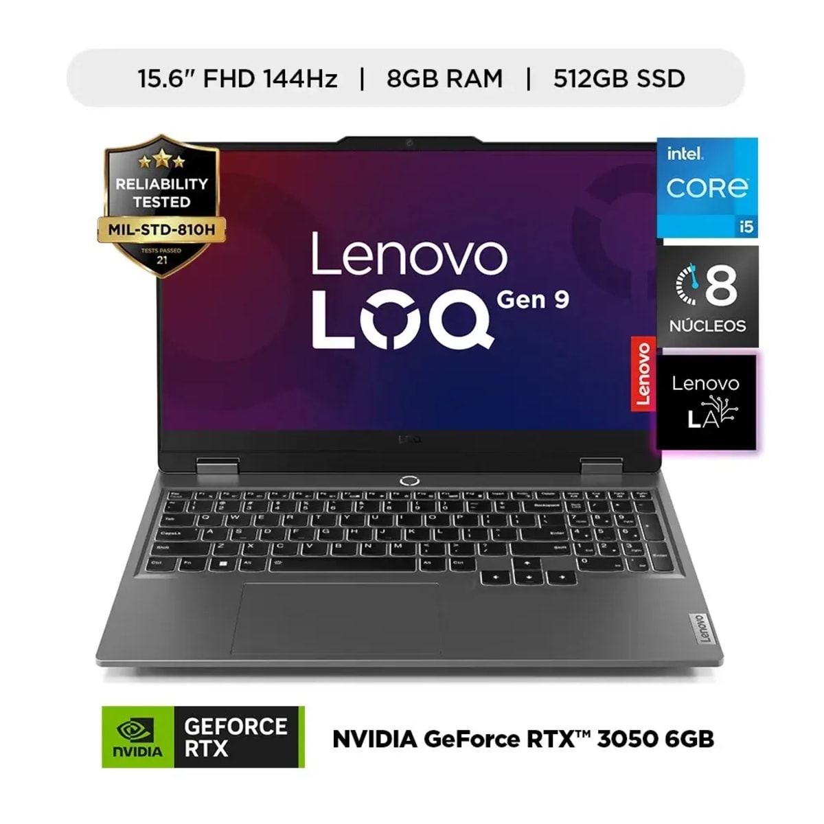 Laptop Gamer Lenovo LOQ Intel 15.6" Core i5-12450HX 8GB RAM 512GB SSD RTX 3050 6GB 144Hz