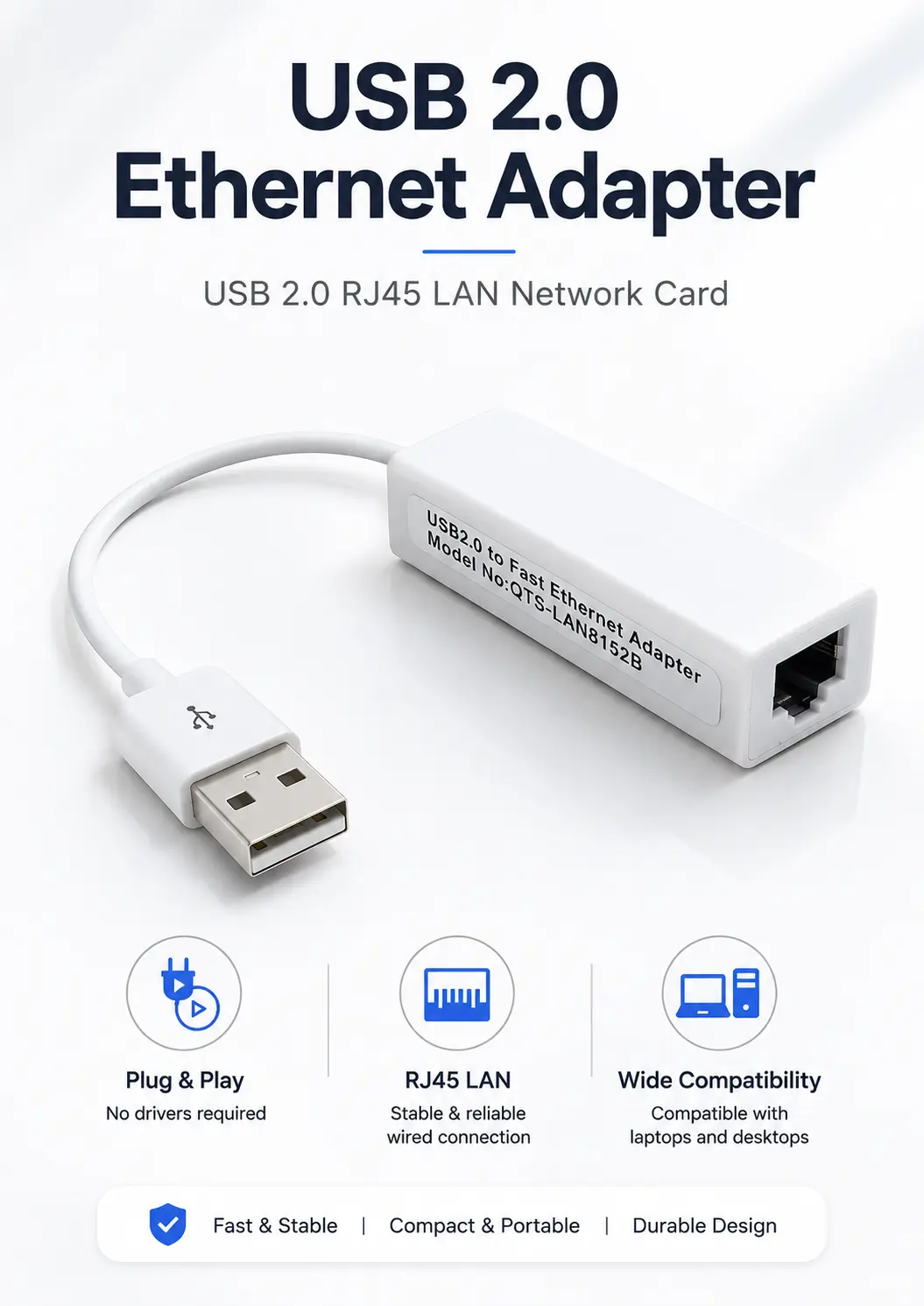 Adaptador de Red RJ45 LAN a USB 2.0 Ethernet Blanco