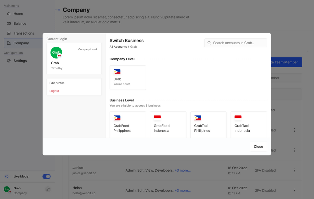 Xendit multi-business consolidated dashboard