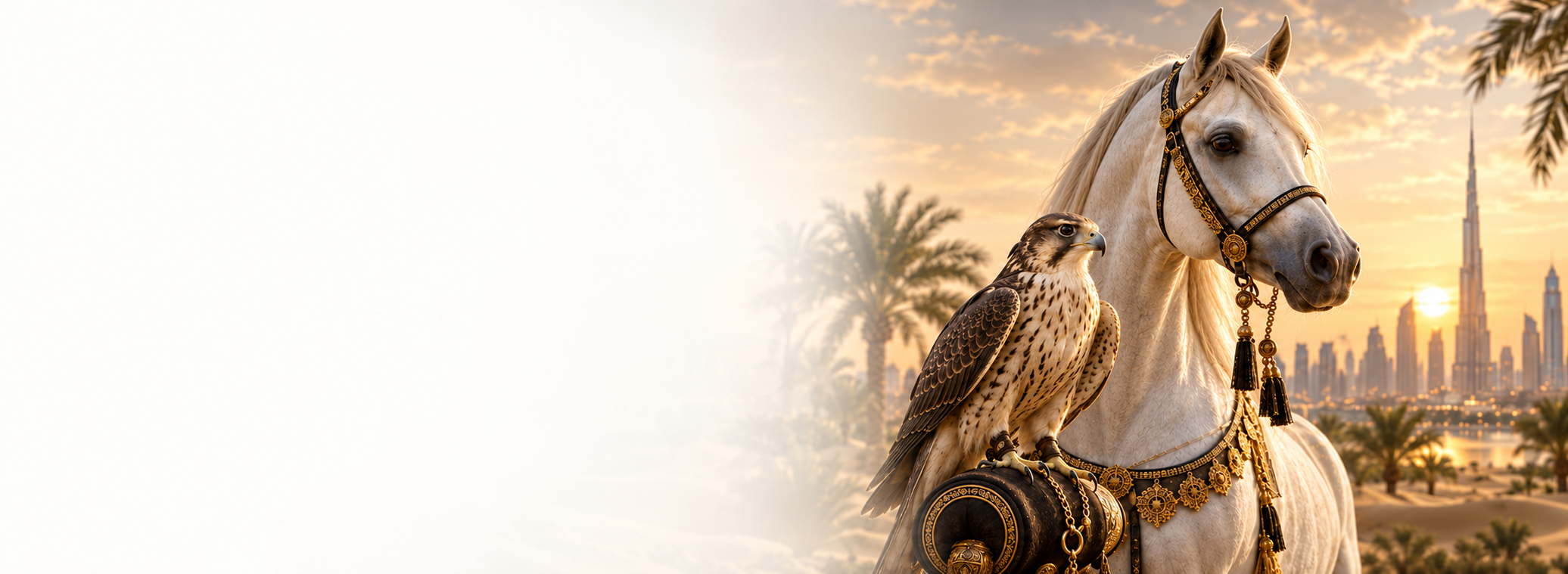 Falcon and Arabian horse, Dubai skyline