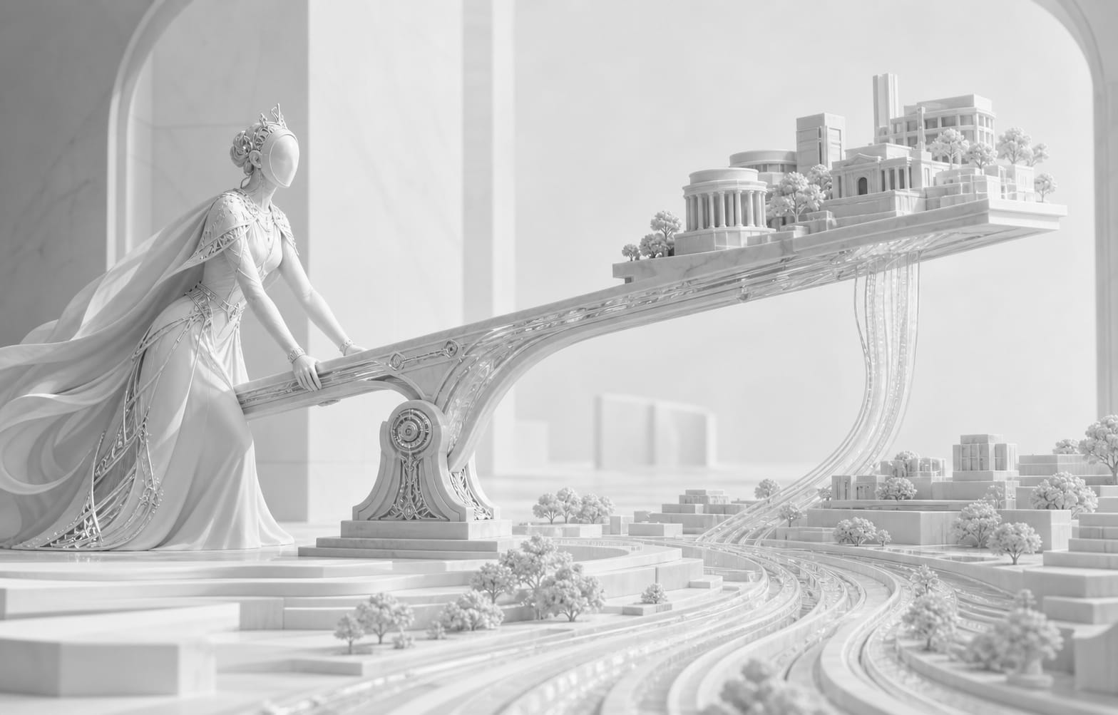 White sculpture raising an institutional landscape on a precise lever.