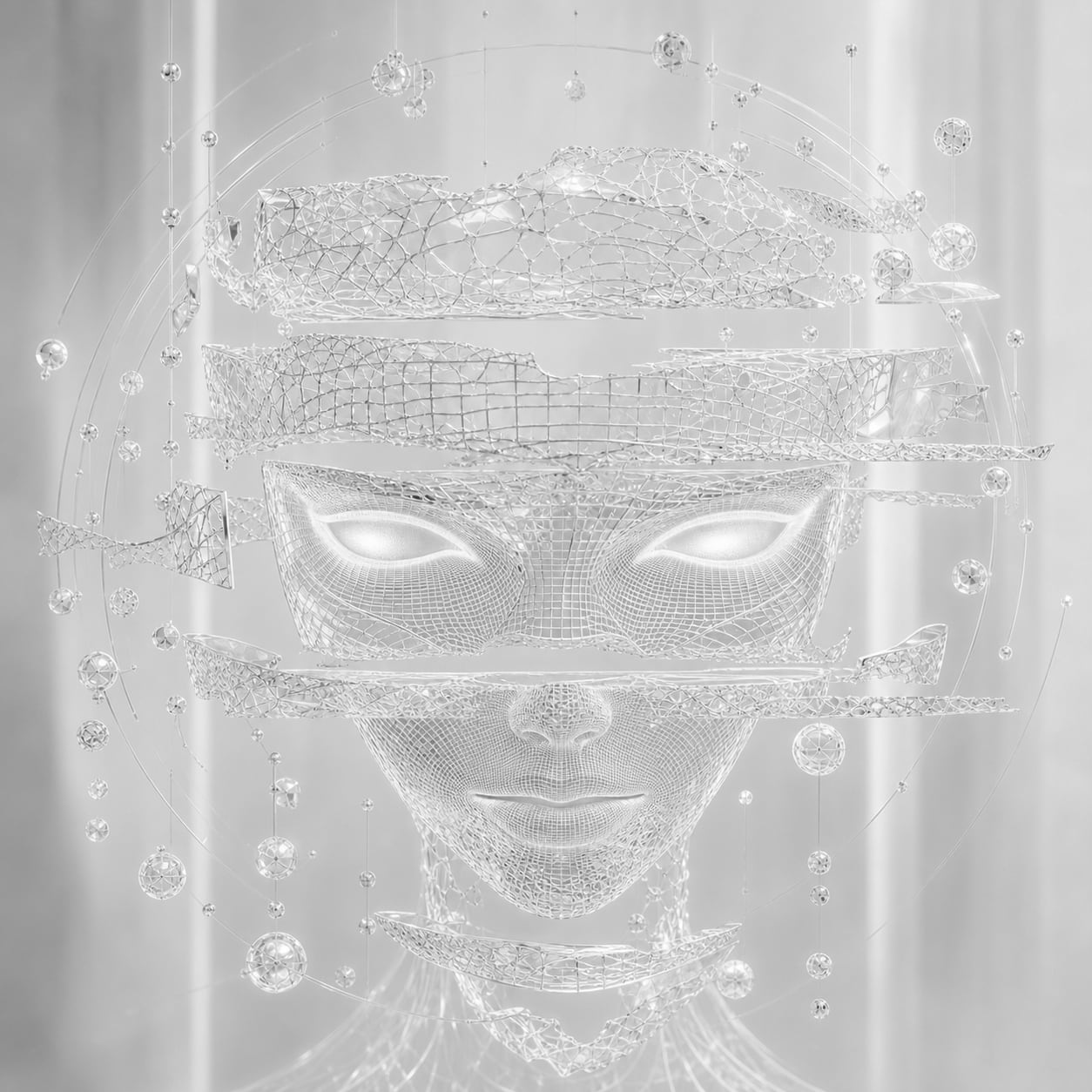 Faceless white sculpture holding a dark sphere beneath an open architectural halo.