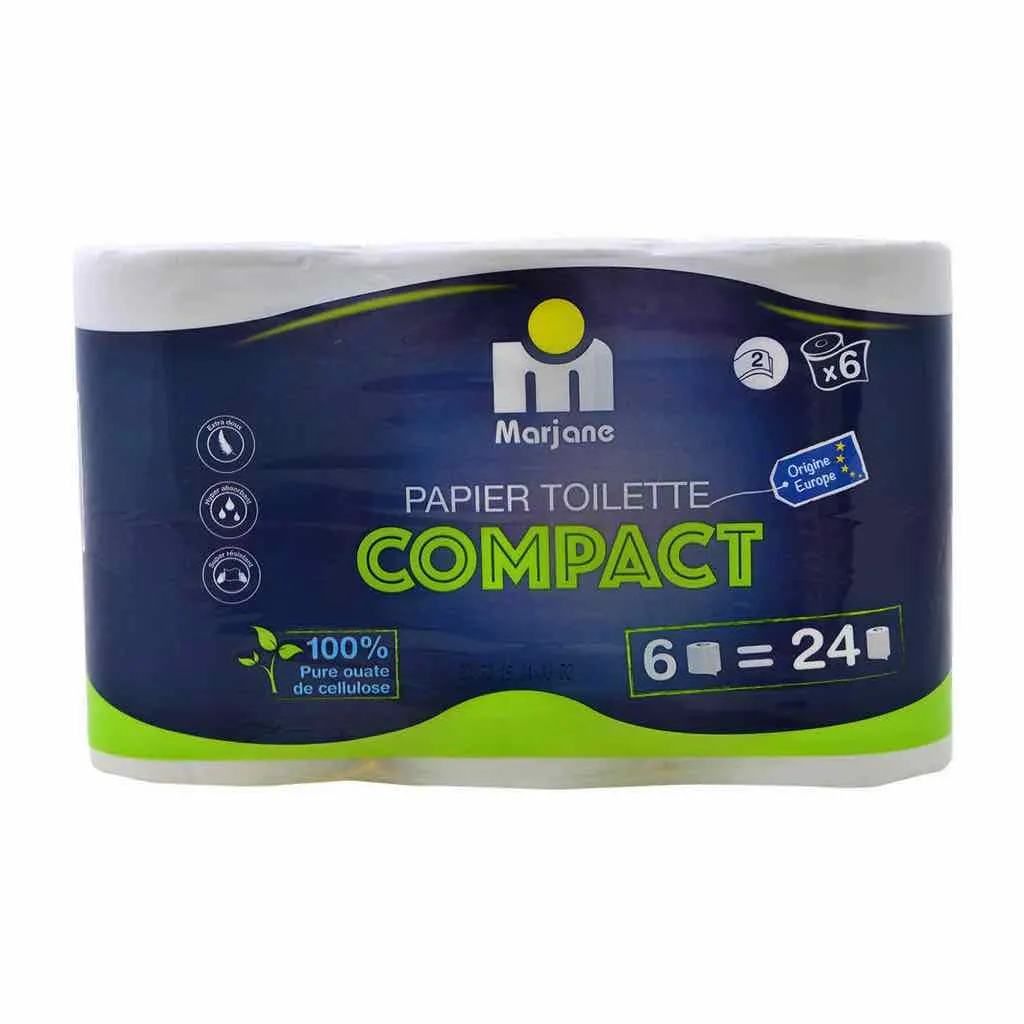 Papier toilette blanc compact 2 plis x6pcs - MARJANE