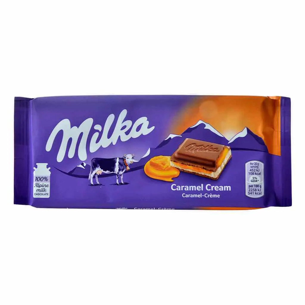 Tablette de chocolat au lait Alpin fourrée au caramel et crème 100g - MILKA