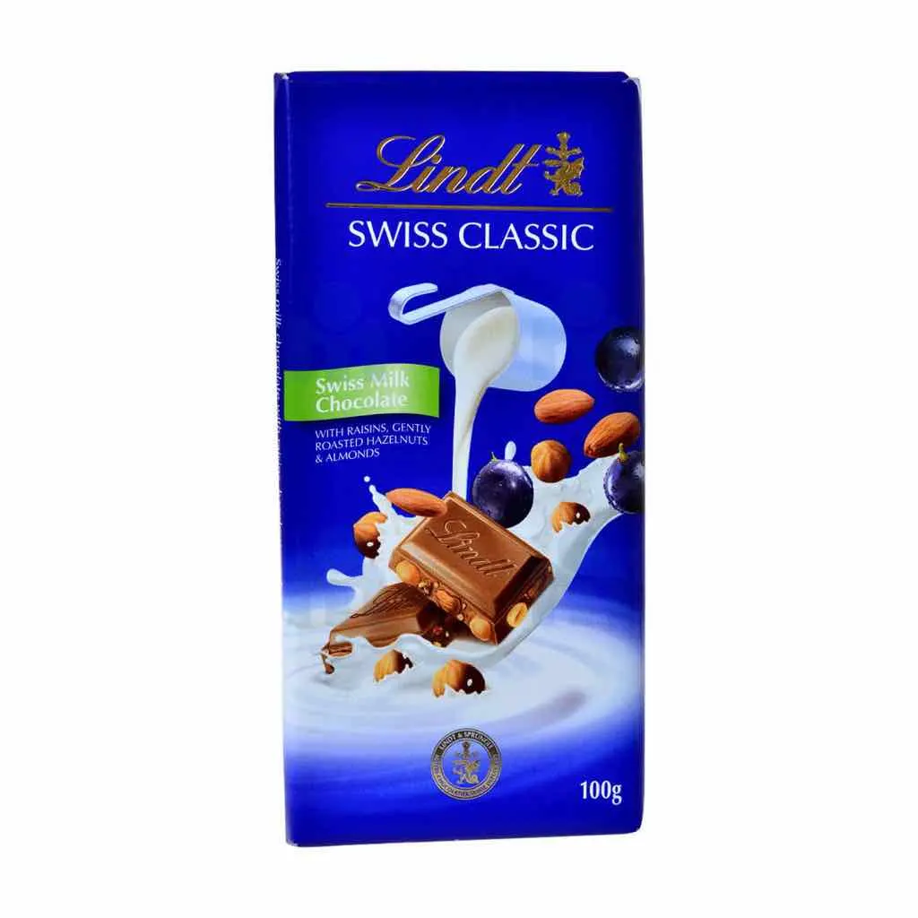 Tablette de chocolat au lait avec raisins, noisettes et amandes 100g - LINDT