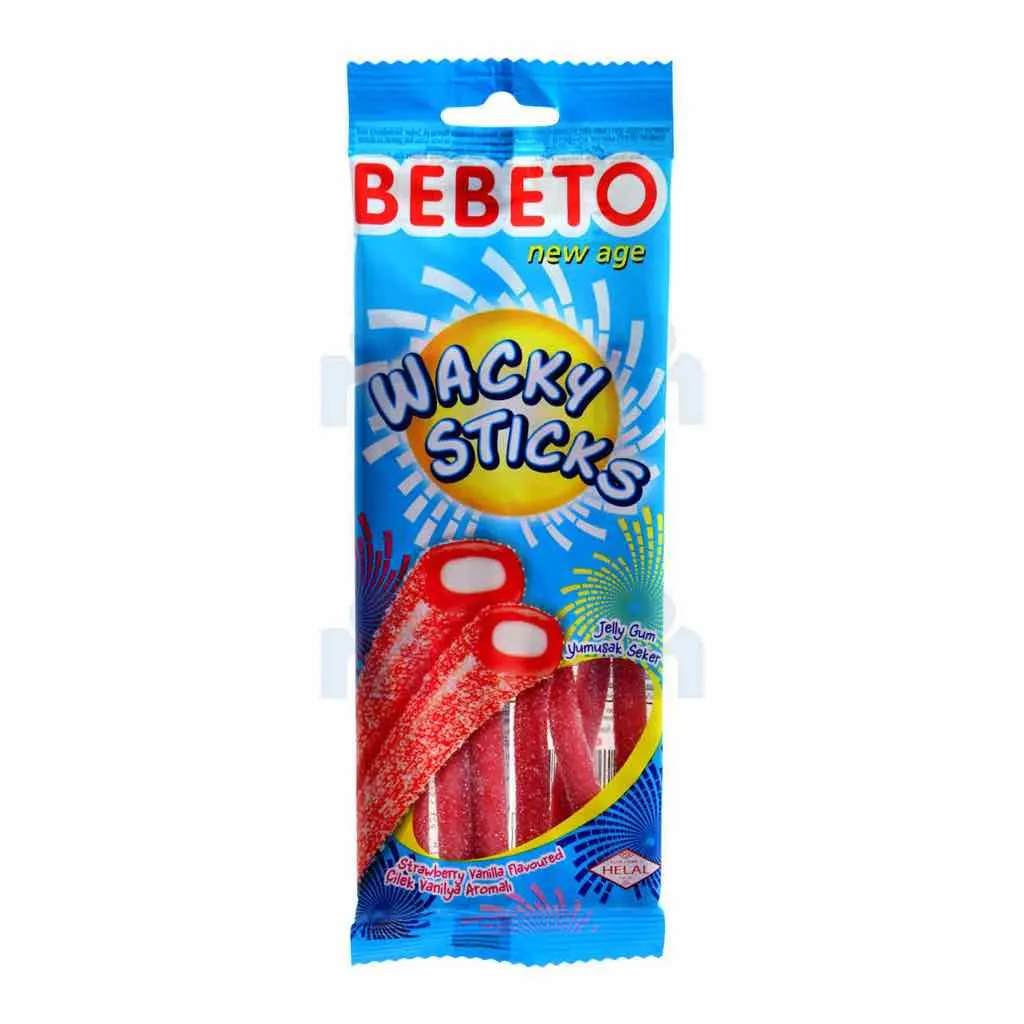 Gommes tuyaux acidulés saveur fraise et vanille Wacky Sticks 75g - BEBETO