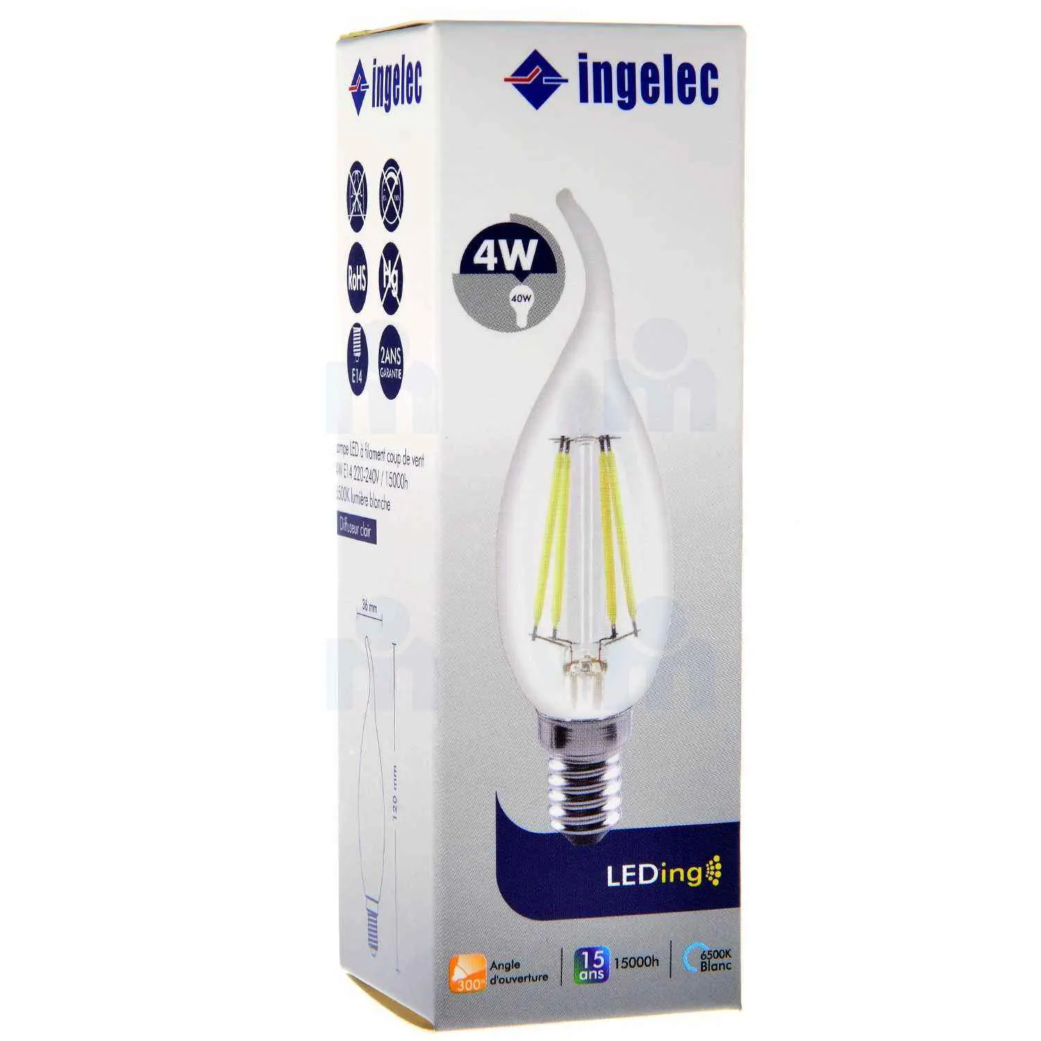 Ampoule LED à filament coup de vent 4W E14 6500K lumière blanche - INGELEC