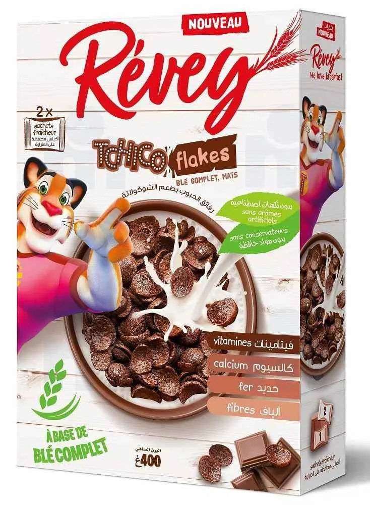 Céréales TCHICO flakes au blé complet et maïs avec goût chocolat 400g - REVEY