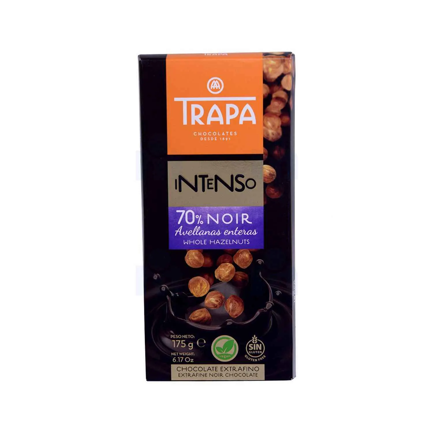 Tablette de chocolat noir intense 70% de noisettes sans gluten 175g - TRAPA