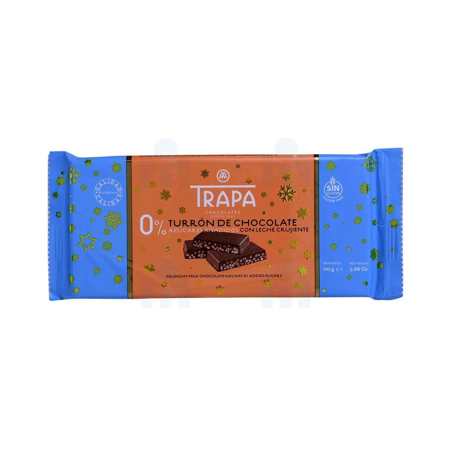 Turron nougat chocolat au lait croustillant 0% sucres ajoutés 110g - TRAPA