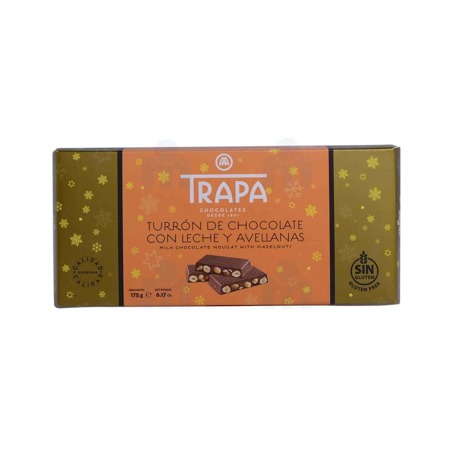 Turron nougat chocolat au lait noisettes sans gluten 175g - TRAPA