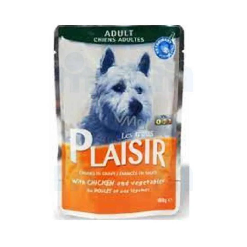 Pochon pour chien adulte aux émincés de poulet et légumes en sauce 100g -PLAISIR
