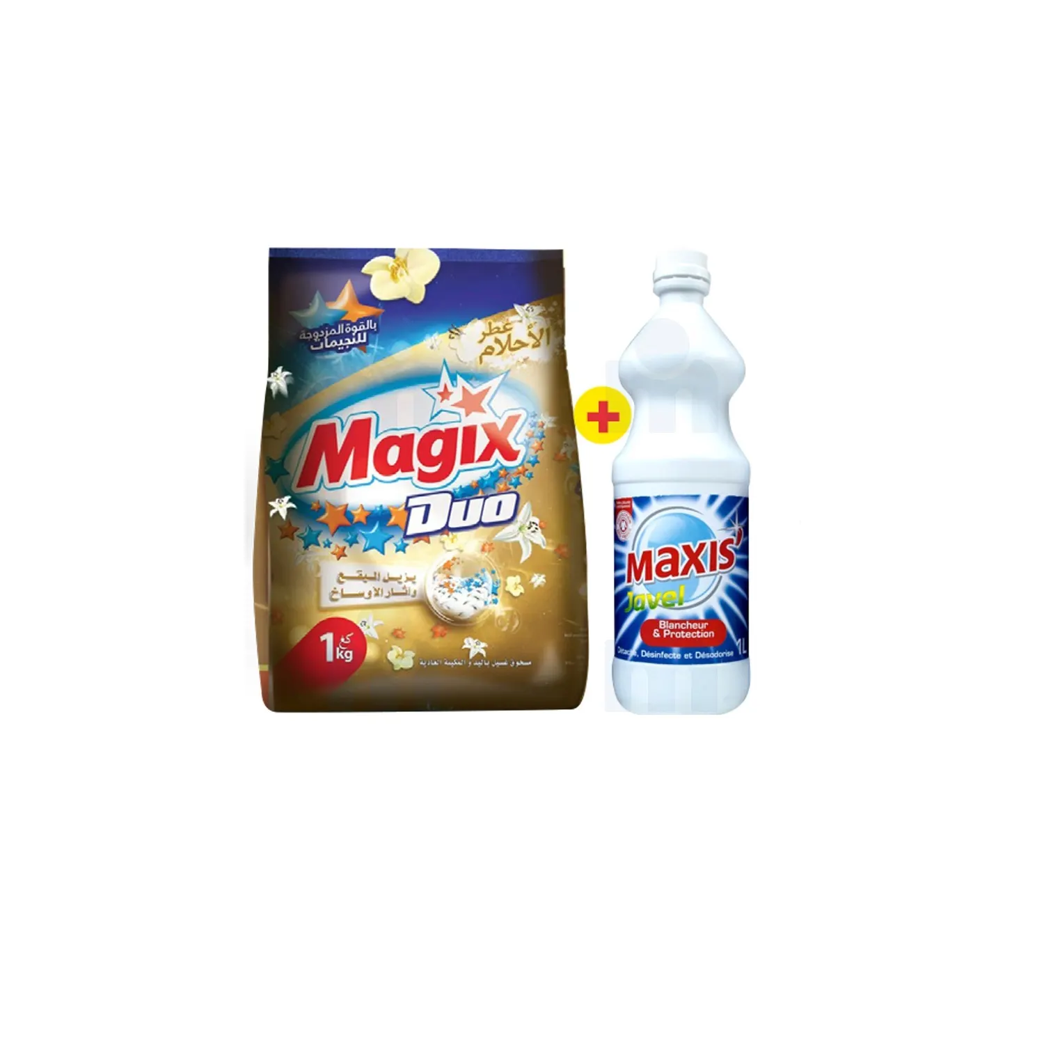 Lessive en poudre sachet 1Kg + Eau de javel gold 1L - MAGIX