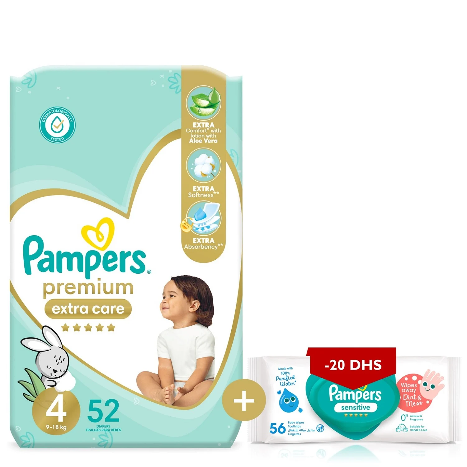 Couches 9-14Kg Taille 4 premium care + paquet de lingettes sensitives - PAMPERS