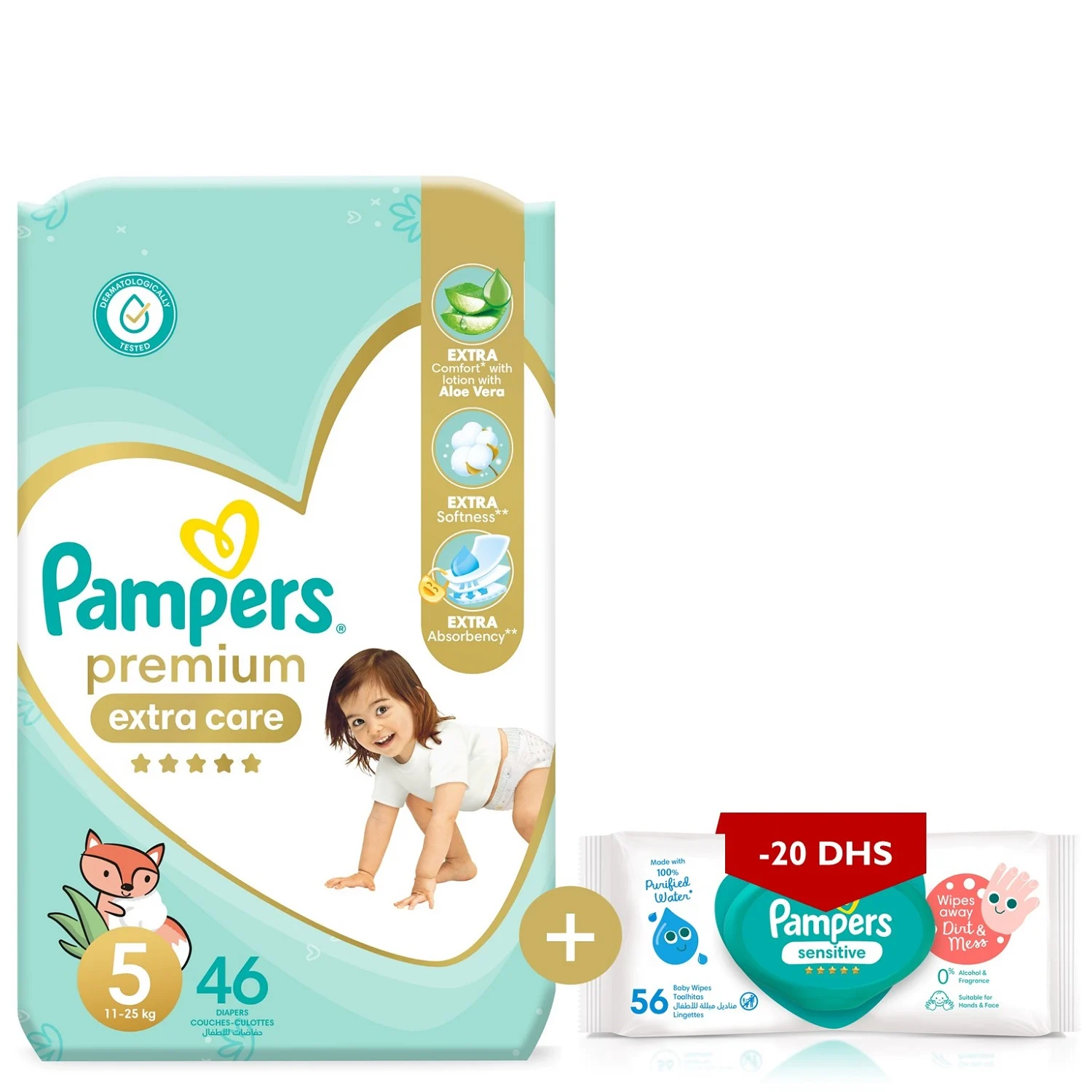 Couches 11-25Kg Taille 5 premium care + paquet de lingettes sensitives - PAMPERS