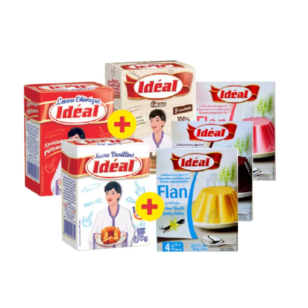 Sachets levure + sucre vanille + poudre cacao + Flans - IDÉAL