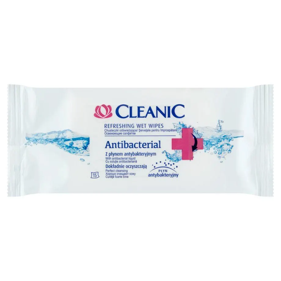 Lingettes humides rafraîchissantes antibactériennes 15pièces - CLEANIC 