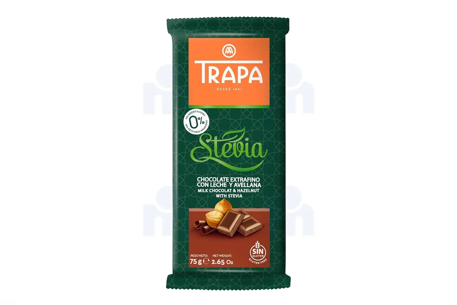 Barre de chocolat au lait et aux noisettes 75g - TRAPA STEVIA