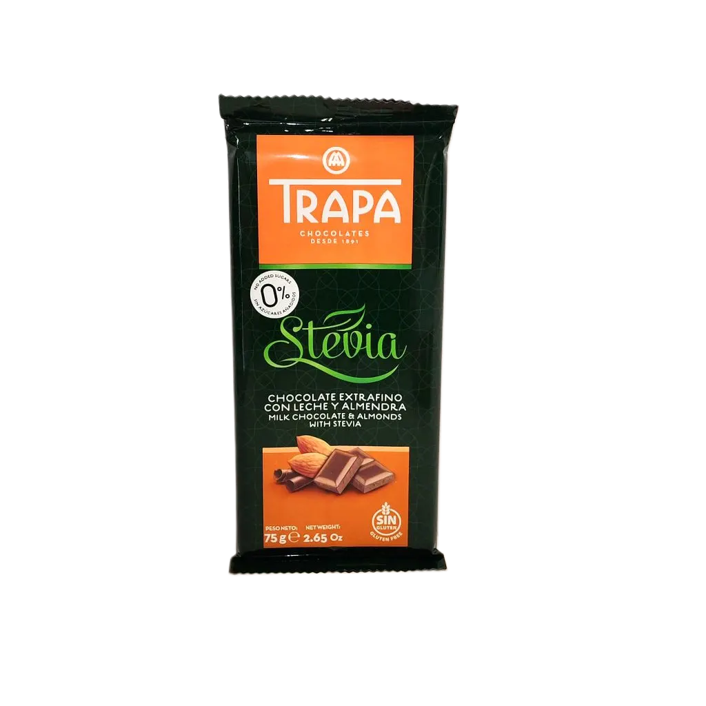 Chocolat extra-fin au lait et amandes à la stévia, sans gluten et 0% 75G - TRAPA