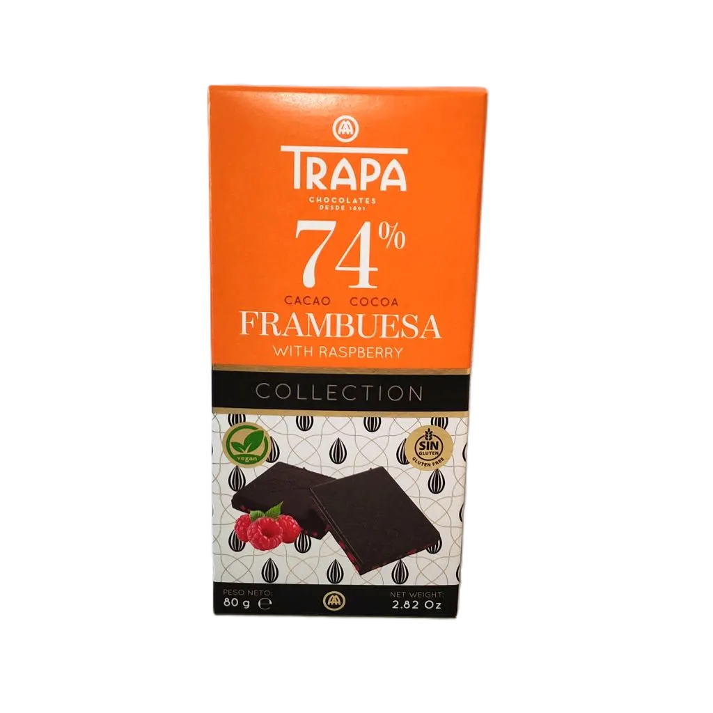 Chocolat noir à la framboise 74% de cacao 80g - TRAPA
