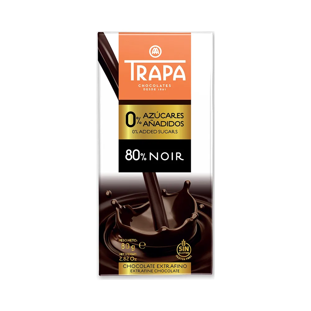 Chocolat noir 80% de cacao 0% sucres ajoutés  80g - TRAPA