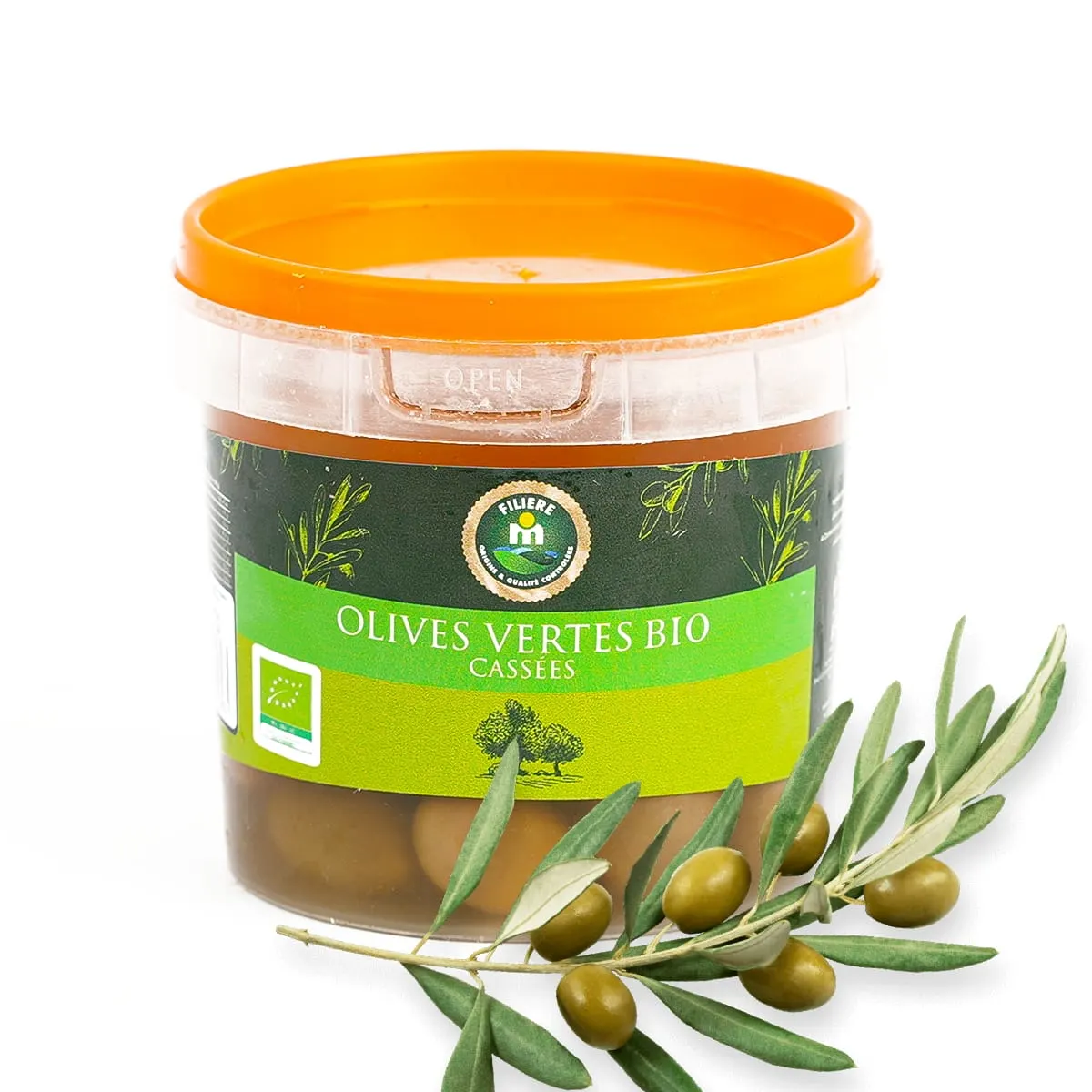 Olives vertes cassées bio en boîte 150g - FILIERE M