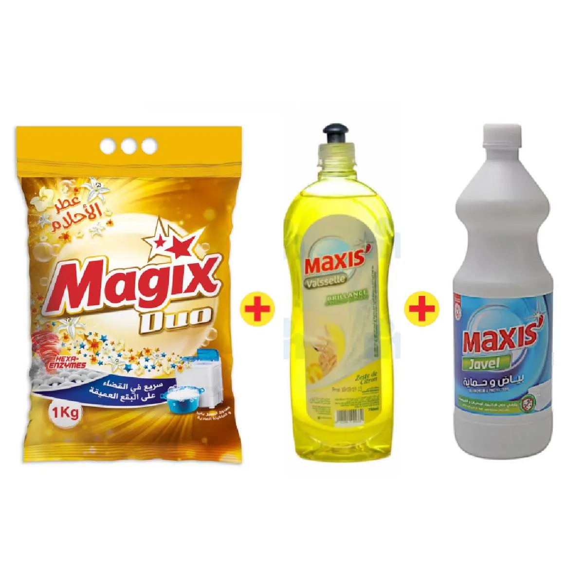 Lessive main Magix 1kg + liquide vaisselle 750ml + eau de javel 1L
