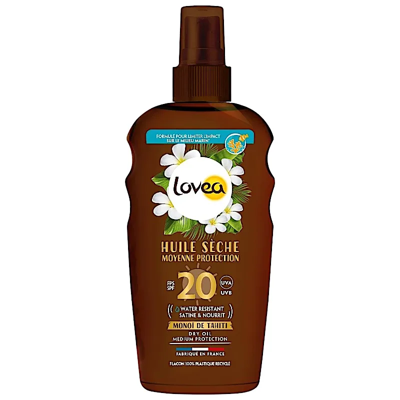 Huile solaire à l'eau Monoï et Tamanu moyenne protection Spf 20+ 150ml - LOVEA