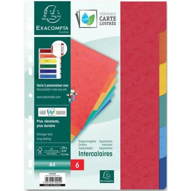 Intercalaires A4 x6 carte lustrée couleurs vives EXACOMPTA