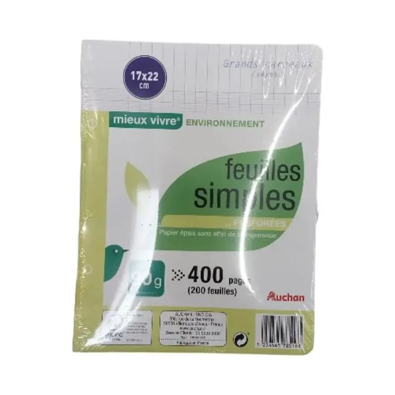 Feuilles simples blanches perforées 170x220 mm 400 pages Seyes 90g PEFC AUCHAN