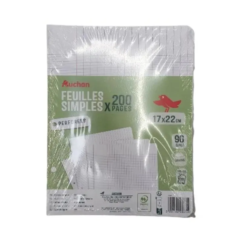 Feuilles simples blanches perforées 170x220 mm 200 pages Seyes 90g PEFC AUCHAN