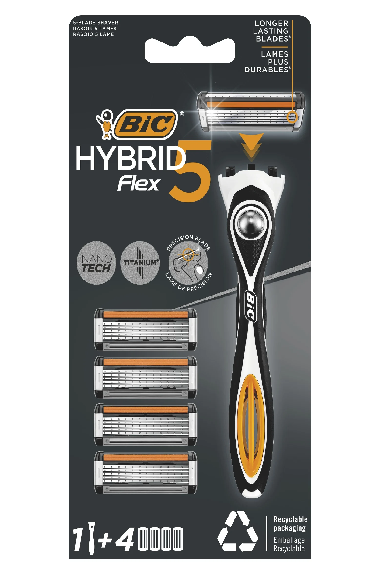 Rasoir hybride Flex 5 pour homme avec 4 cartouches de rechange - BIC