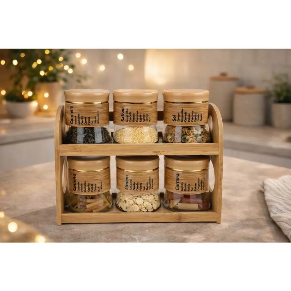Set de 6 bocaux de rangement 400ml + support en bambou