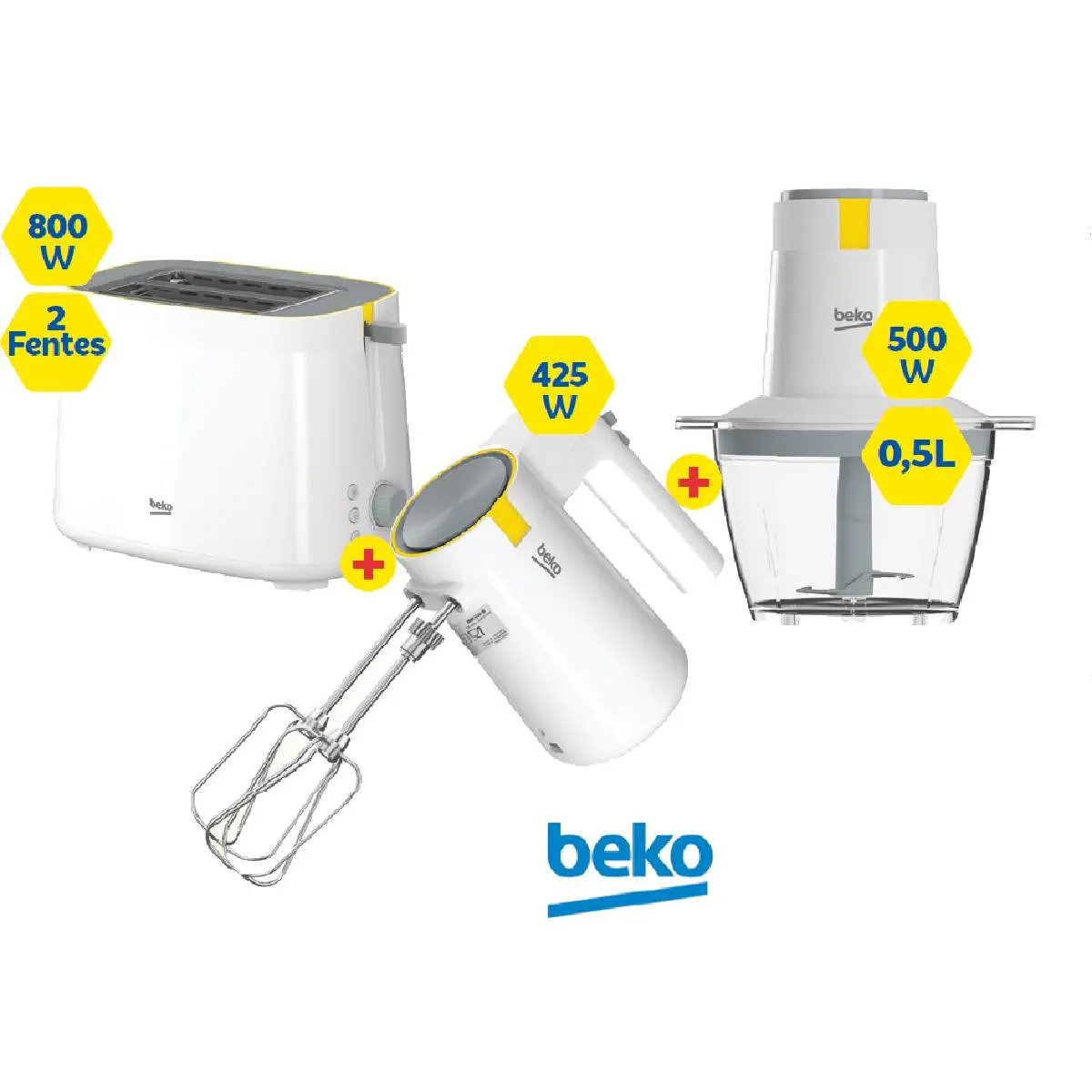 Pack blanc batteur 425W + hachoir 0,5L 500W + grille-pain 2 fontes 800W - BEKO