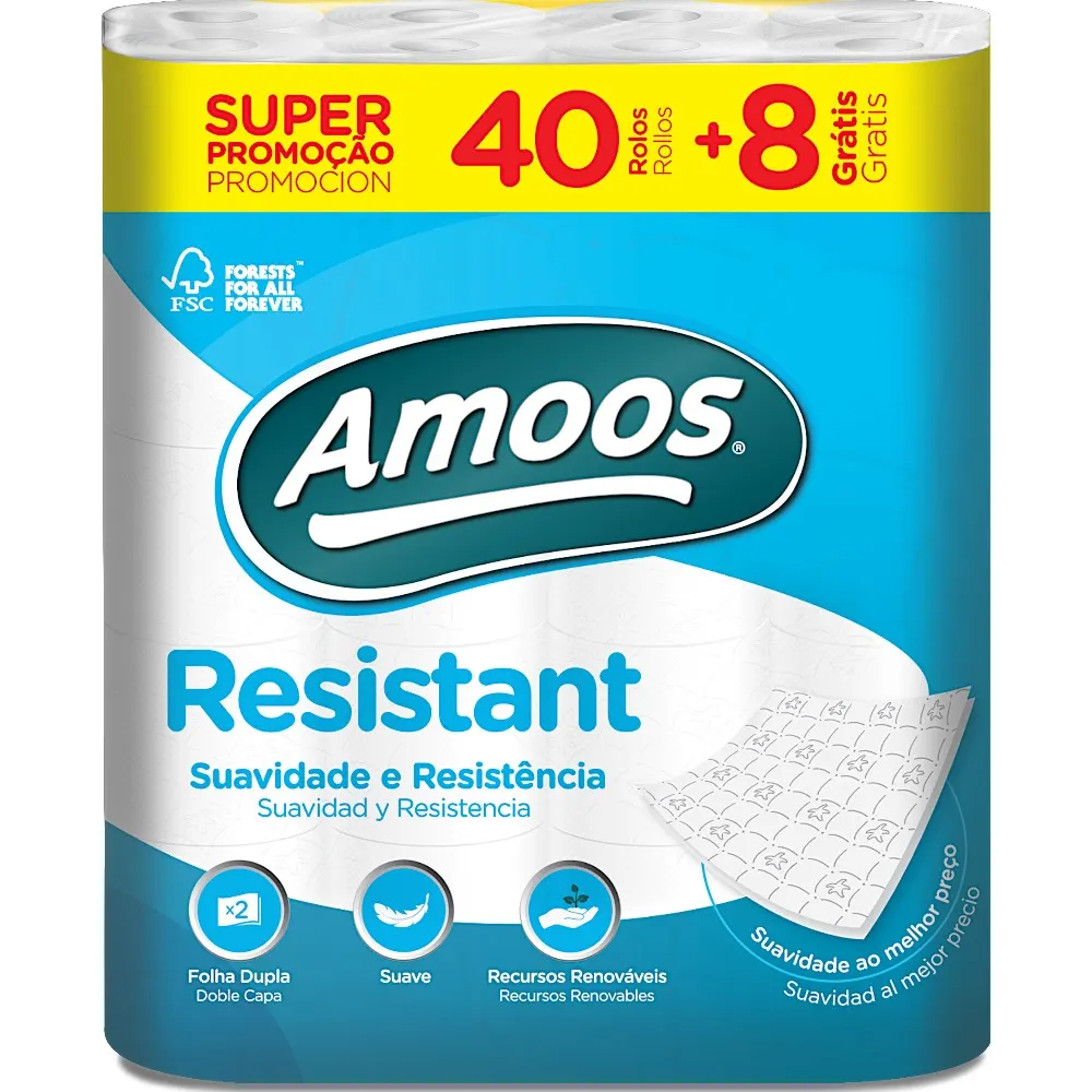 Papier toilette résistant 2 plis 40 rouleaux + 8 gratuits - AMOOS