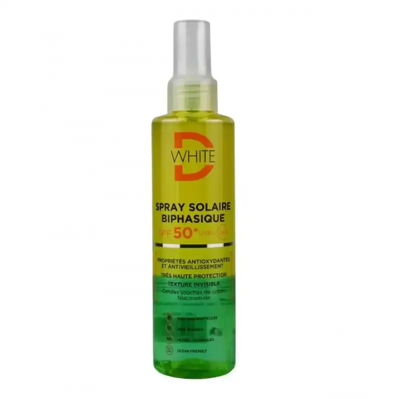 Spray solaire biphasique spf50 protection uv texture légère 200 ml - D-WHITE