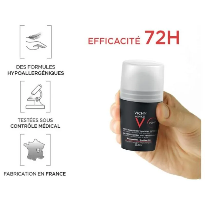 Déodorant homme anti transpirant 72h roll on sans alcool 50ml - VICHY - vue 2