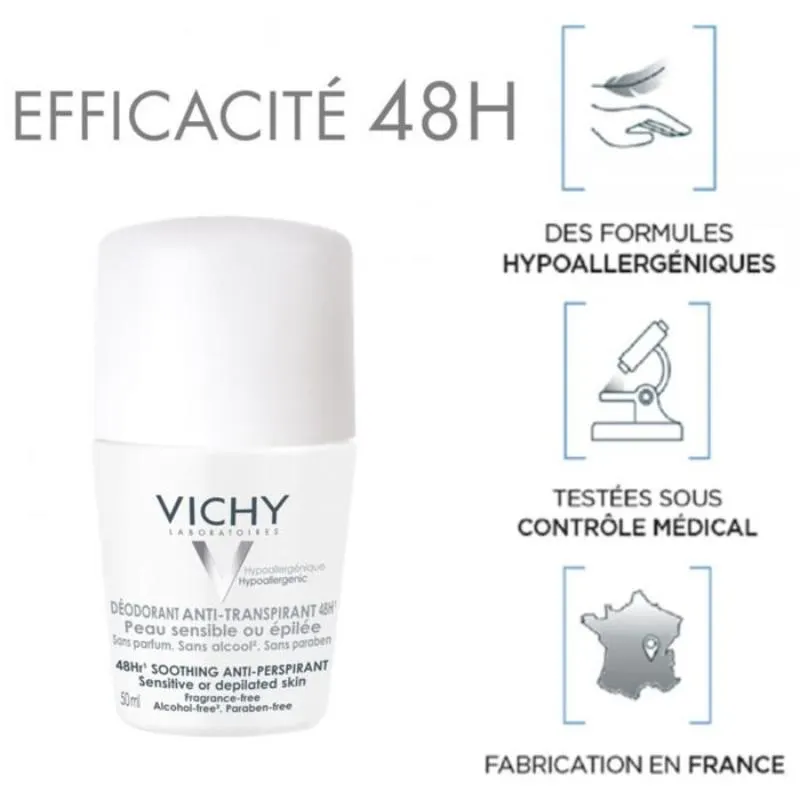Déodorant Roll-On pour Peau Sensible anti-odeurs 48h sans alcool 50 ml - VICHY - vue 2