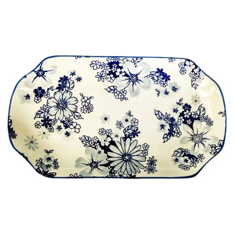 Assiette plate rectangulaire Fleurs Indigo 27 cm