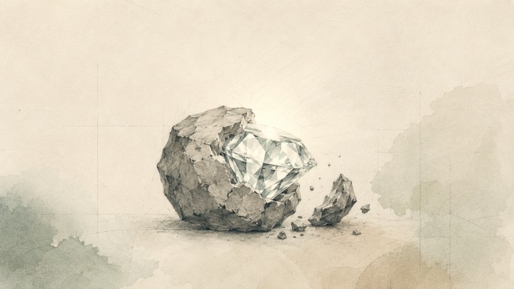A rough stone cracked open to reveal a cut diamond glowing inside, drawn in pencil and muted watercolor