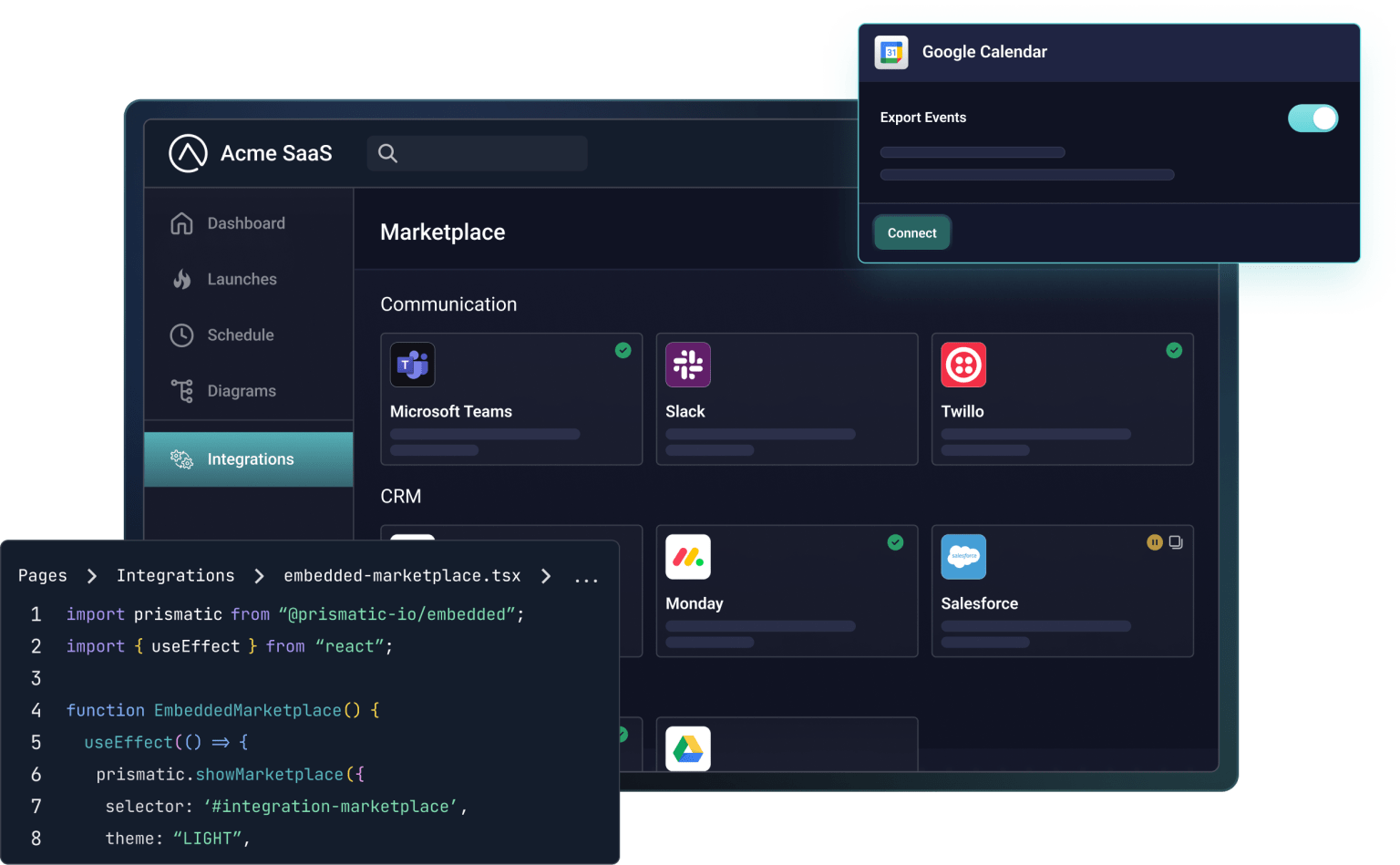 Acme SaaS marketplace with code and action overlays Acme SaaS marketplace with code and action overlays