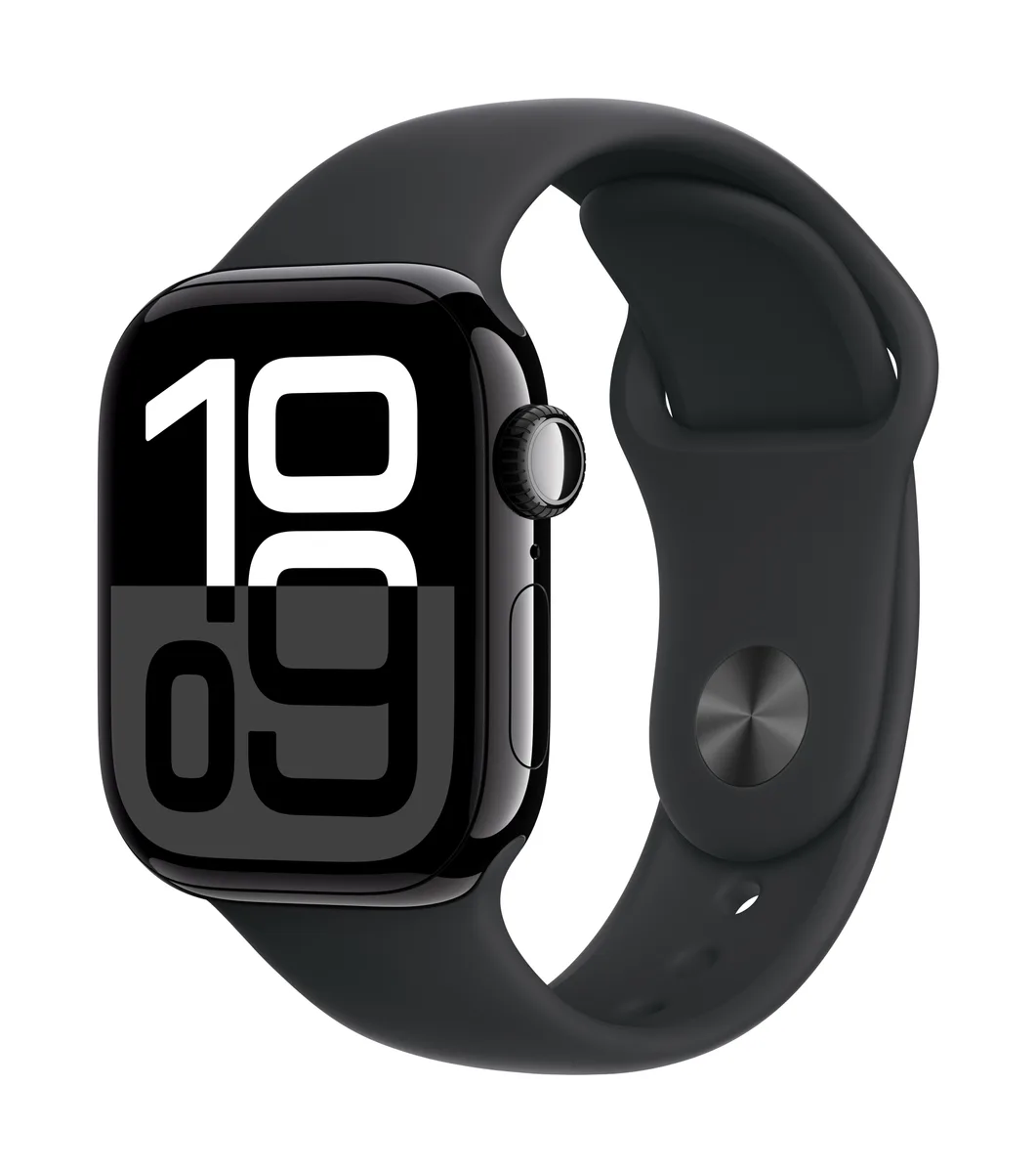 Apple Watch Series 10 GPS (42mm Aluminium) · Jet Black / Black Sport Band (S/M)